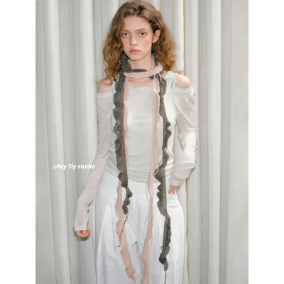 不规则双色针织细长围巾装饰