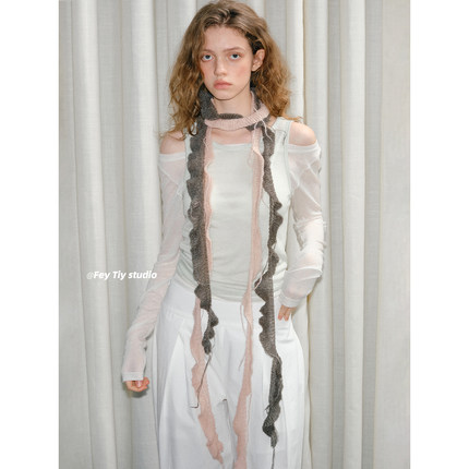 feytiy 不规则双色针织细长围巾小众轻亚y2k少女装饰窄长款领巾潮