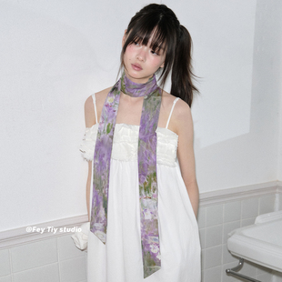 百搭装 feytiy 新款 细腻质感飘带丝巾女春夏季 饰领巾腰带 莫奈睡莲