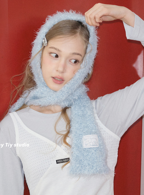 feytiy baby蓝毛茸茸 定制柔纱长条围巾冬季保暖百搭针织长围脖女