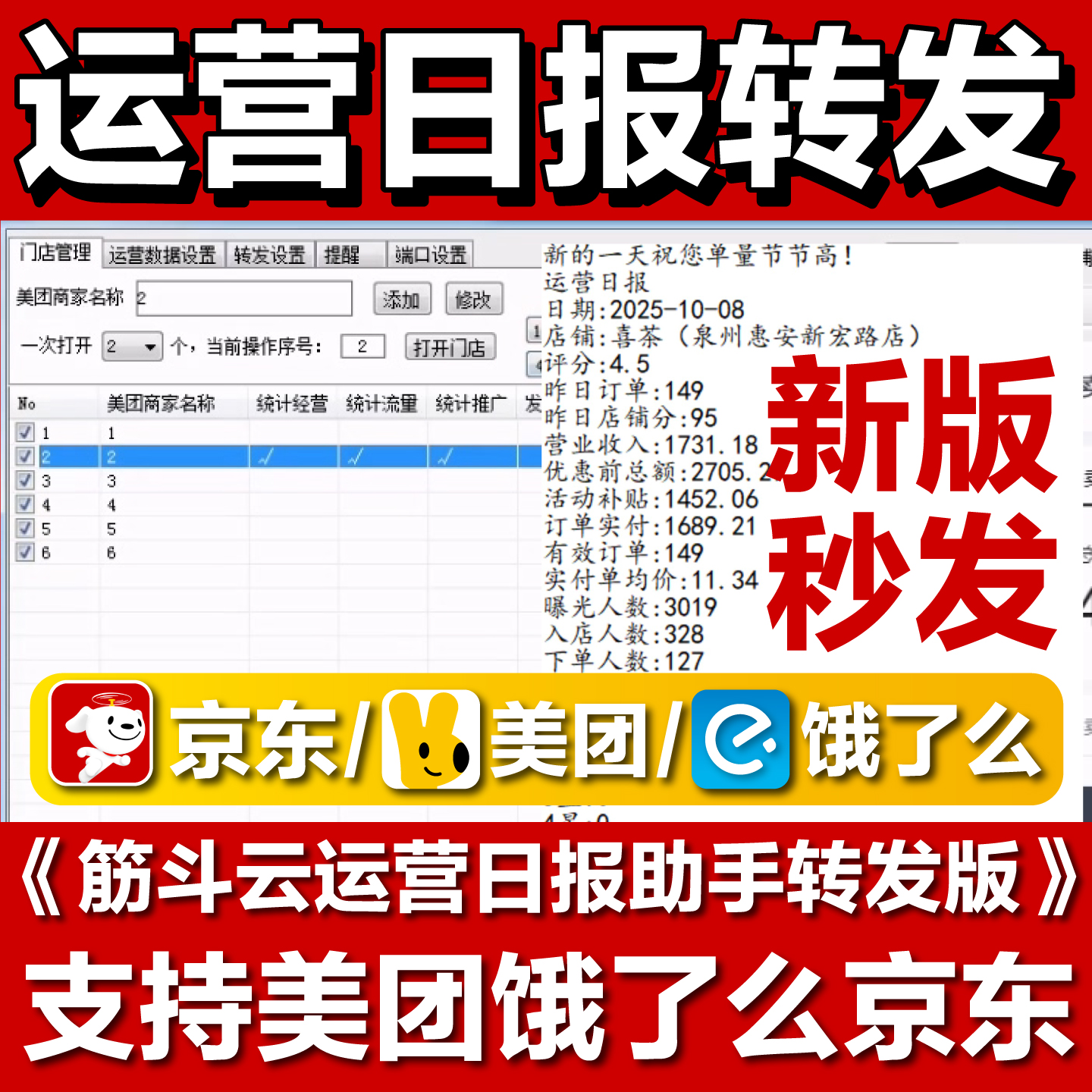 筋斗云美团饿了么京东运营日报助手转发运营数据到群外卖日报软件