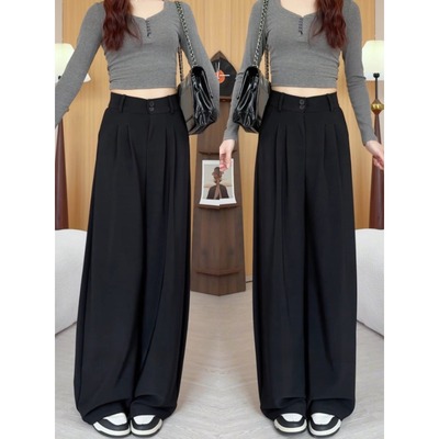 黑色窄版西装裤女2025新款秋冬季小个子显瘦感垂感休闲直筒阔腿裤