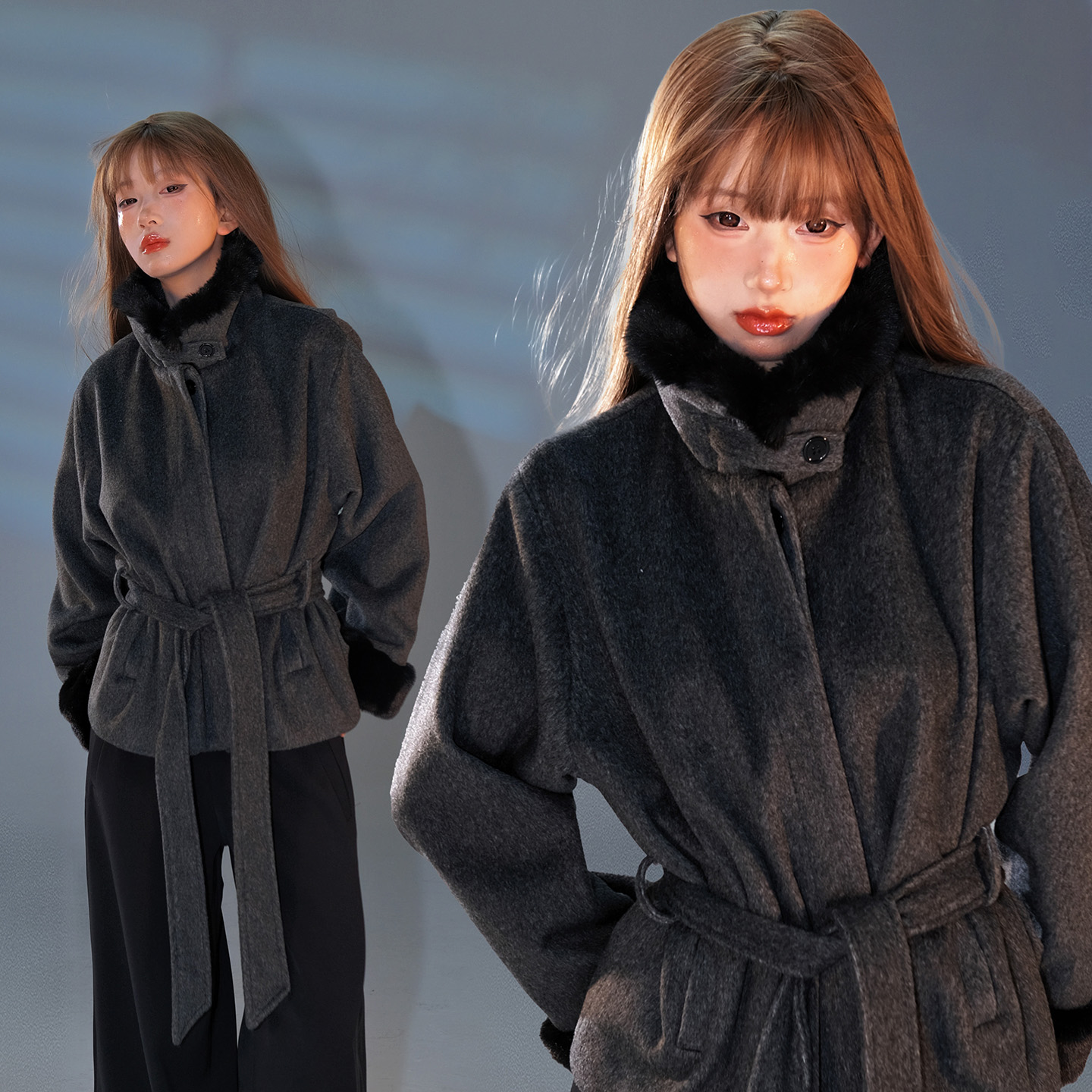 里织兀LZW复古灰毛领毛呢短外套