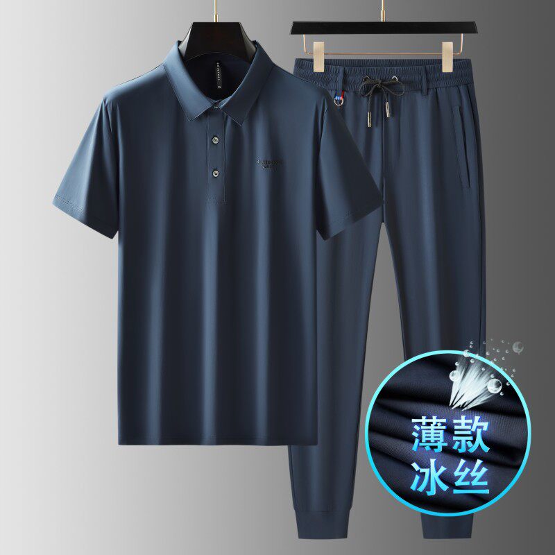 高品质冰丝套装男士短袖翻领t恤休闲运动套装