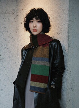 彩虹围巾女法式彩色条纹针织披肩外搭秋冬季休闲百搭保暖护颈两用