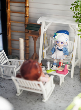 1:12ob11娃屋家具gsc摆件潮玩盲盒场景花园阳台白色木质秋千摇椅