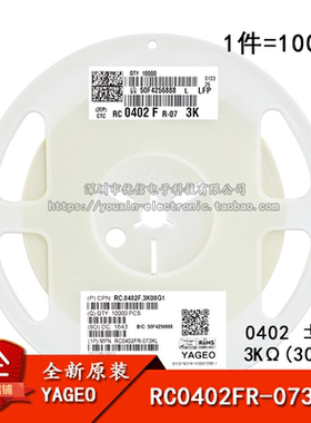 0402贴片电阻  3KΩ(3001) ±1% 3K  RC0402FR-073KL (100只)