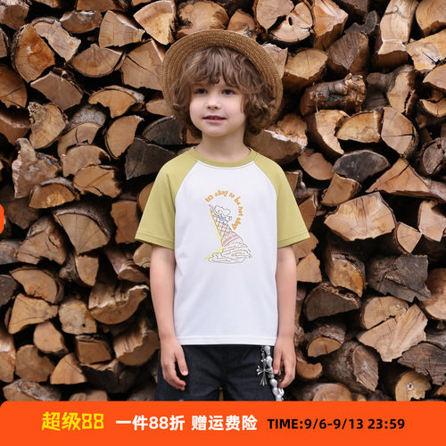 丽婴房男童短袖T恤 纯棉薄款冰淇淋印花中大童插肩袖短袖上衣26夏