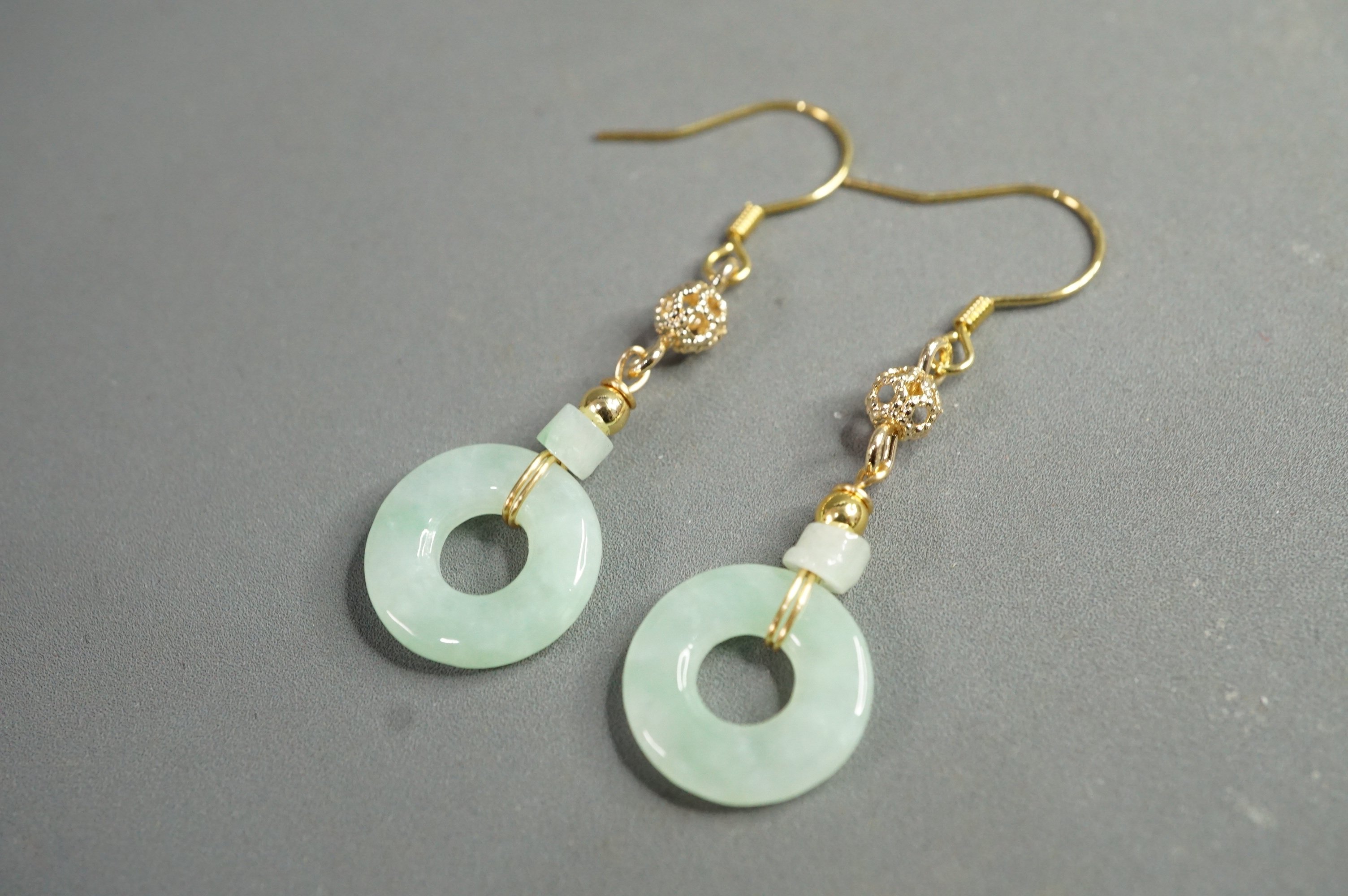 带证书天然翡翠A货圈圈耳环一副s925银镀金耳钩M6