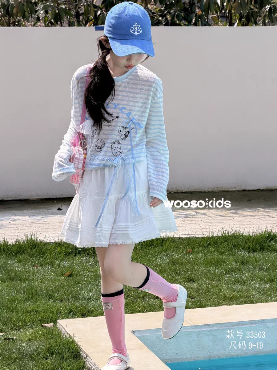 Wooso 吾束 2026春夏新款女童Kitty蝴蝶结防晒衫 大童长袖亲子T恤