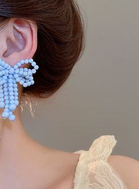 呼呼专享原创设计蓝色蝴蝶结流苏耳环女2025新款爆款高级感轻奢