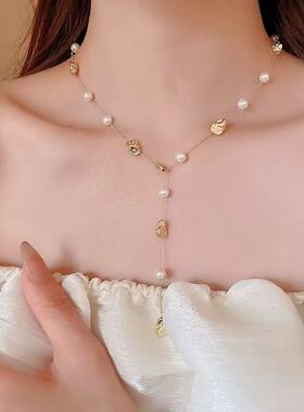 轻奢珍珠流苏项链女金色锁骨链
