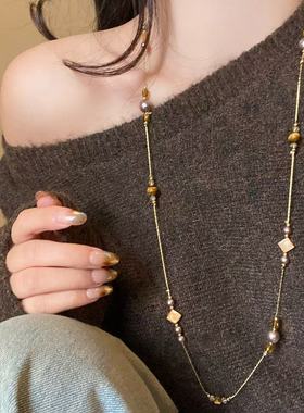 设计师款虎眼石珍珠长款毛衣链