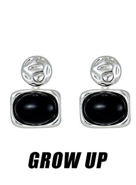 【GROW UP】黑色控原创925银针几何肌理方块黑玛瑙耳环女甜酷耳饰