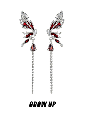 growup液态金属红色蝴蝶耳环女2024小众轻奢s925银针耳饰长款流苏