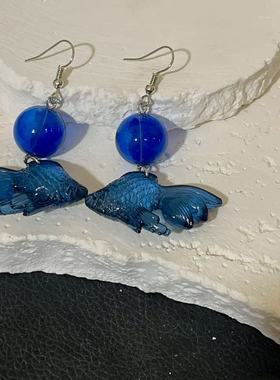 【GROW UP】锦鲤少女深蓝色泡泡鱼复古新中式设计感耳环轻奢小众