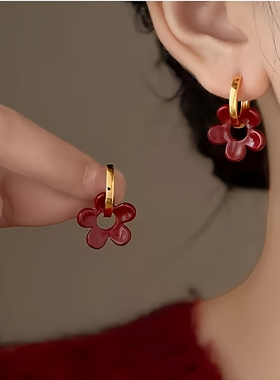 GROW UP原创设计红色滴釉花朵耳环女小众设计高级感耳扣