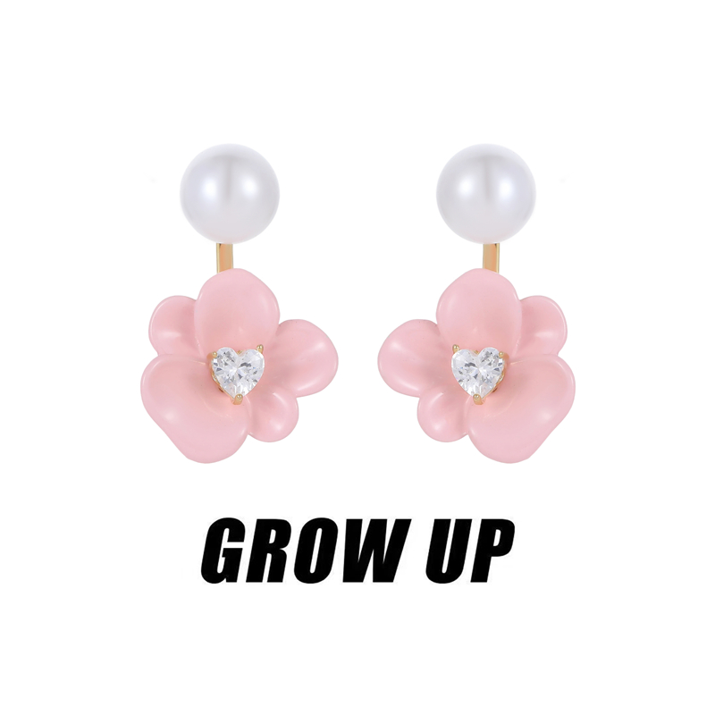 GROWUP粉色山茶花法式超仙花朵耳钉后挂式珍珠耳环轻奢小众耳环