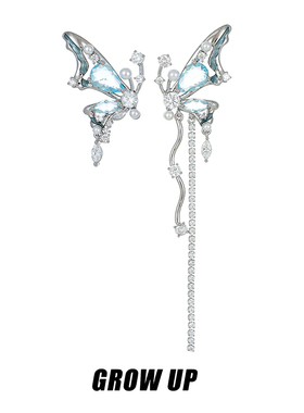 GROWUP原创渐变蓝色水晶蝴蝶不对称耳环女小众设计高级感银针耳钉