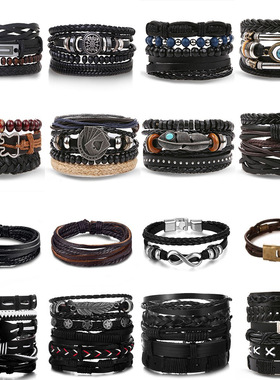 复古珠子手链男士时尚空心三角形皮革手链和手镯多层宽包裹珠宝