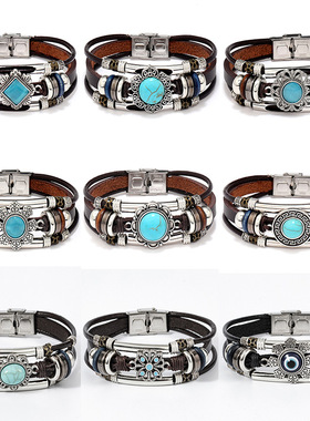 新款复古民族风绿松石猫眼多根皮质不锈钢手链 欧美跨境热销饰品