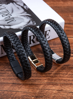 跨境电商亚马逊欧美编织男士皮手链复古磁铁扣手链批发厂家直销