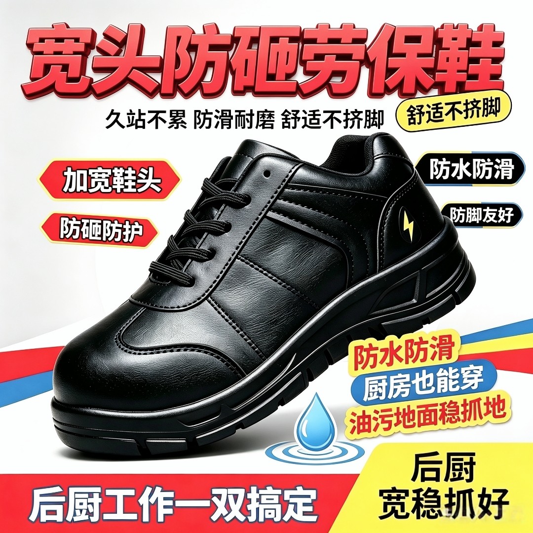 宽头厚底增高轻便劳保防护鞋防砸耐磨厨房鞋防水防滑百搭不挤脚