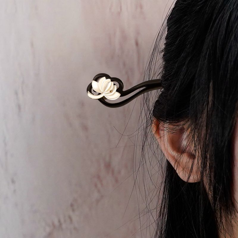 漫长琐碎，平淡人生  云朵白莲花黑檀木古风发簪木质发饰盘发神器