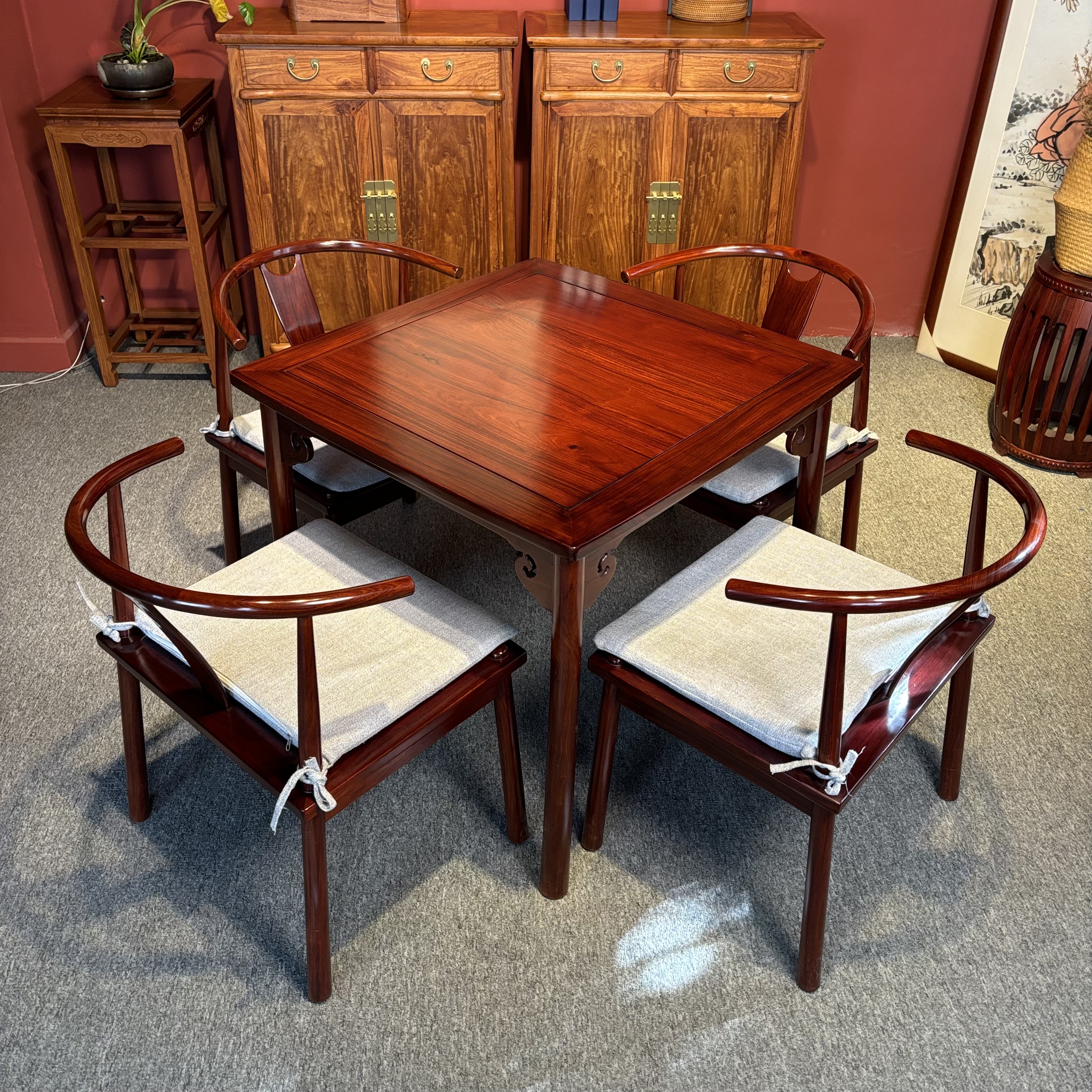 新中式餐桌椅五件套红酸枝四方桌圈椅组合休闲棋牌泡茶会客红木桌