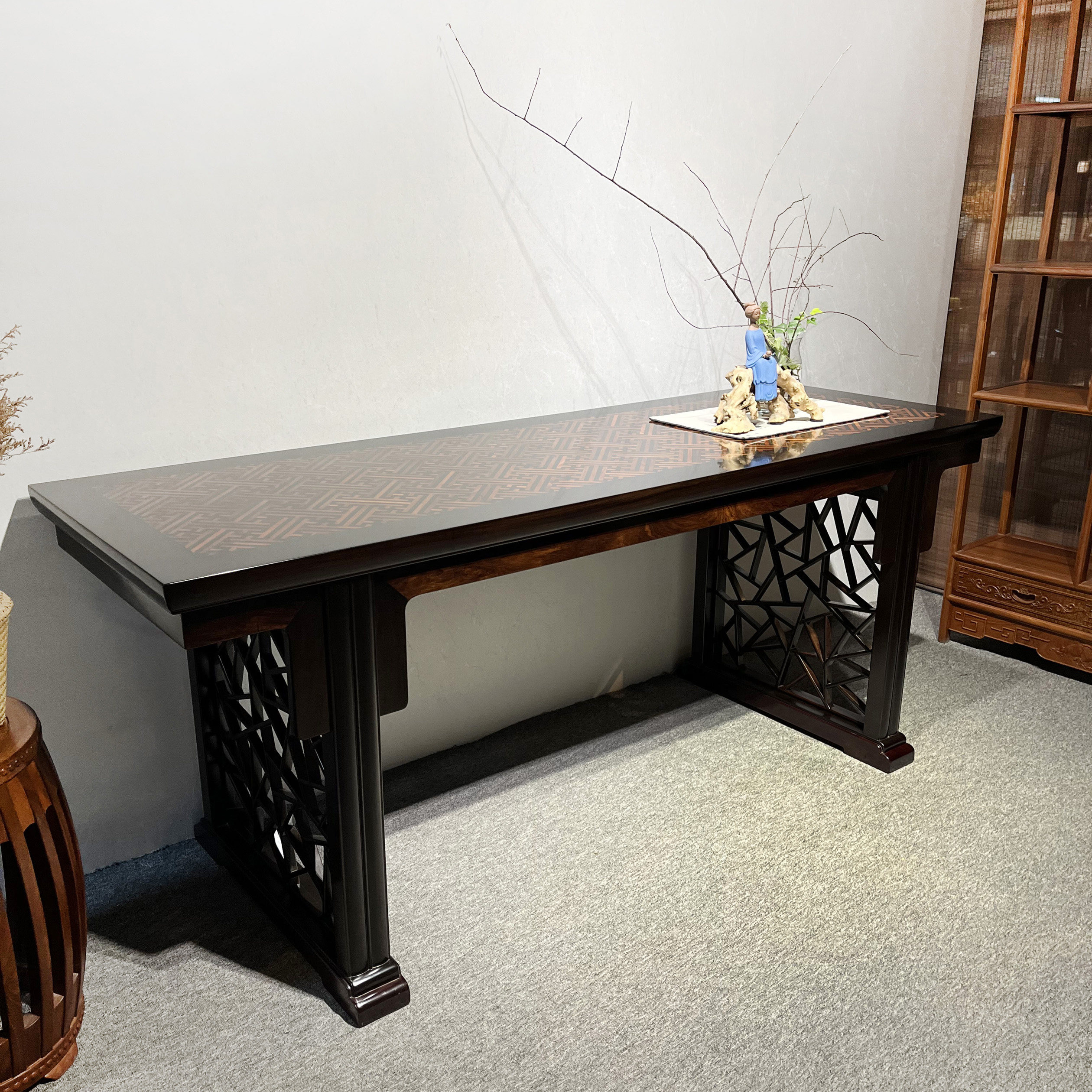 黑檀木万字纹榫卯拼接明式画案明清古典书桌案台简约中式会所家具