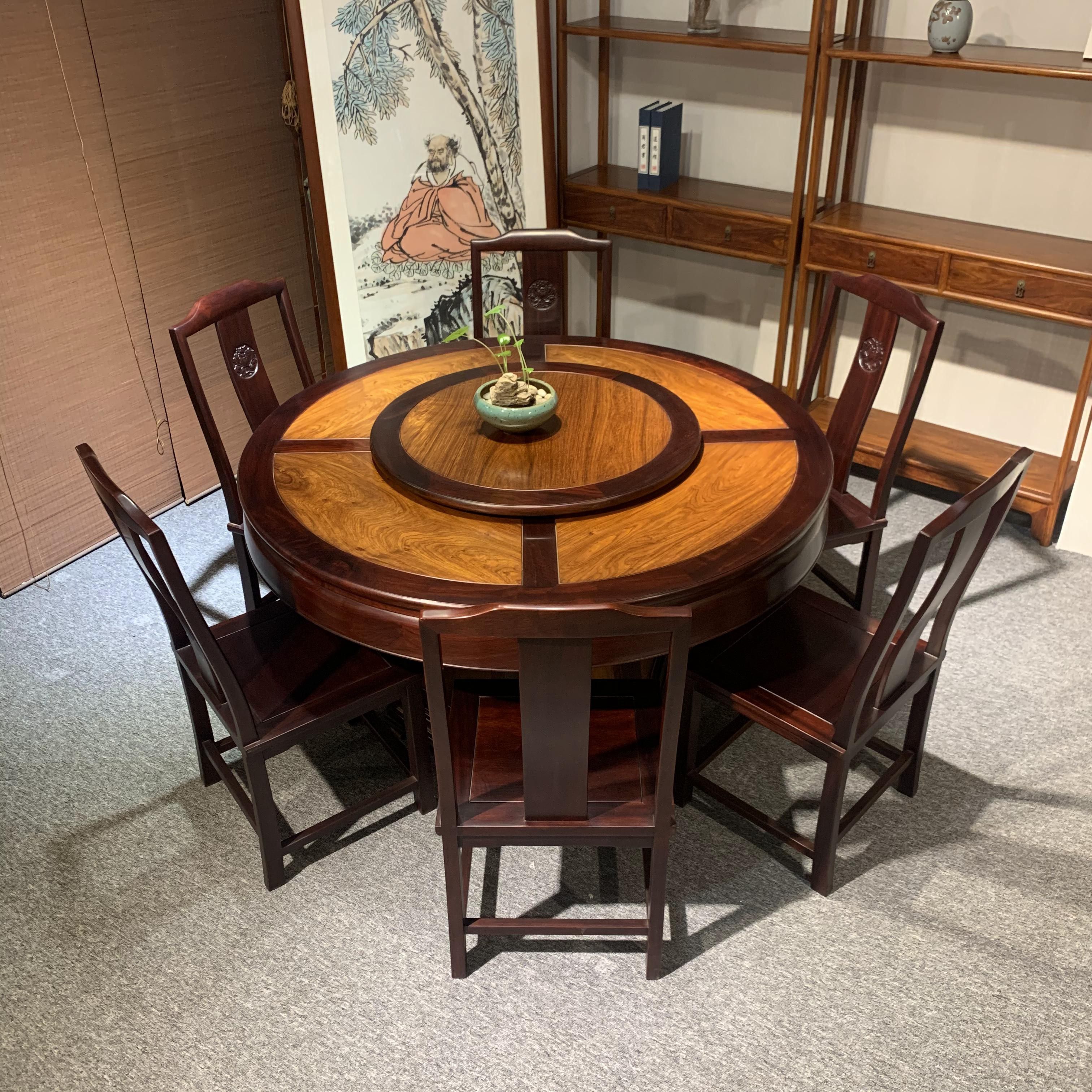 新中式风红木餐厅仿古雕花圆形桌