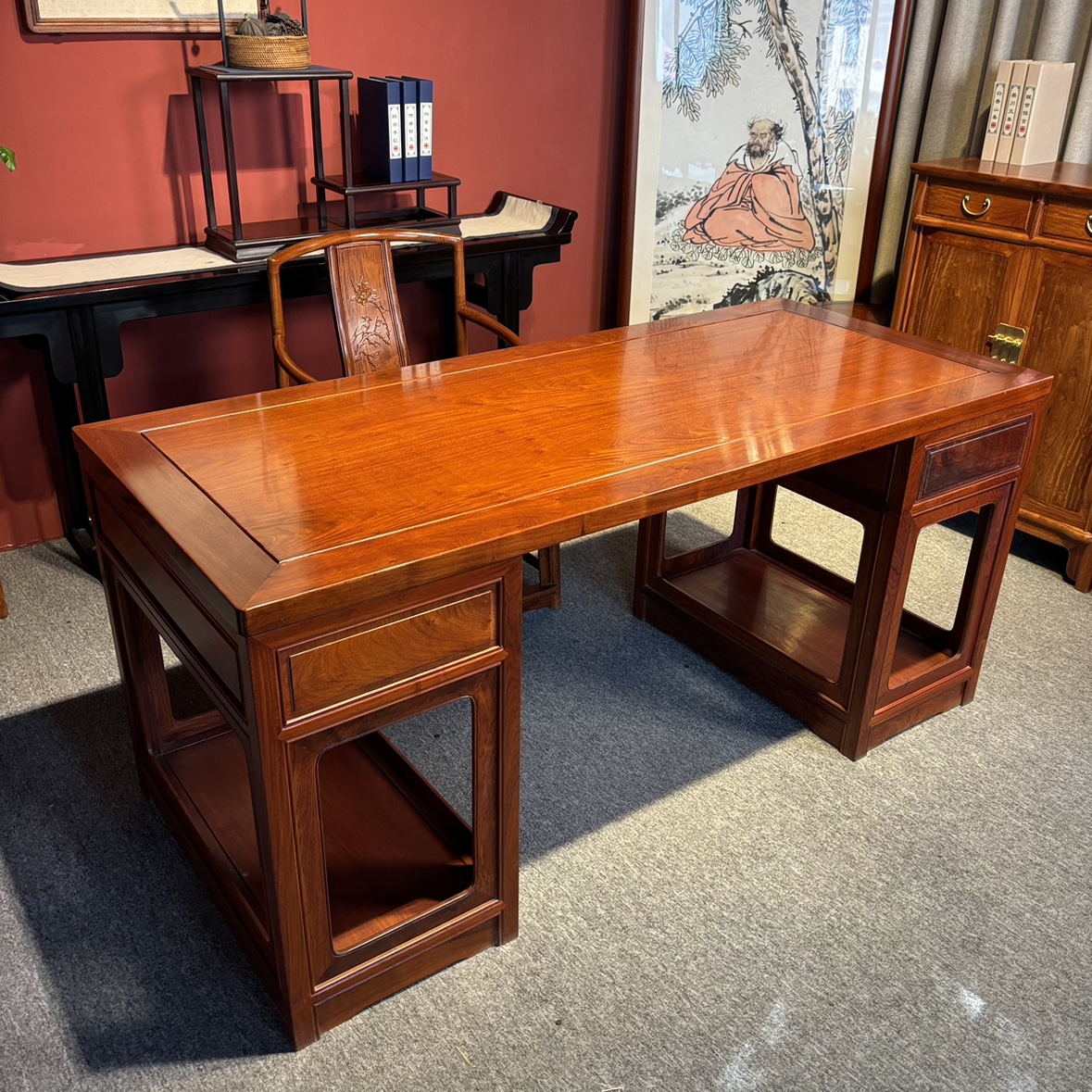 缅甸花梨新中式简约明式书桌画案古典豪华红木老板办公桌书房套