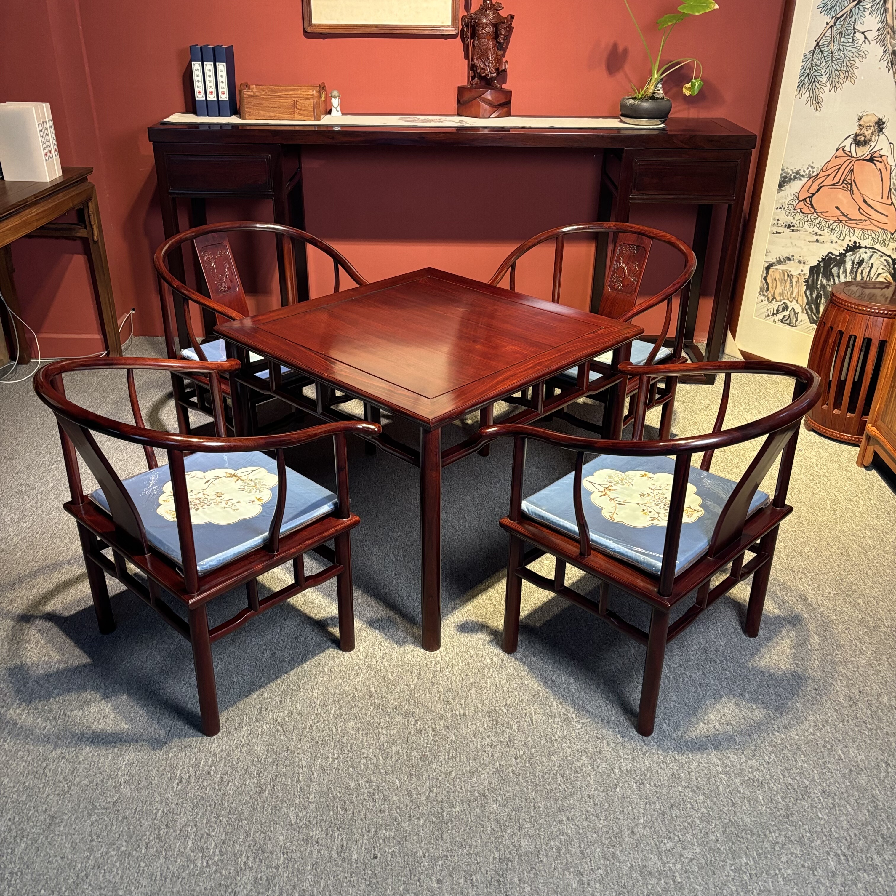中式古典明清款红酸枝木圈椅餐桌五件套四方桌茶桌棋牌组合休闲桌,住宅家具,红木椅凳,淘宝优惠券,粉丝福利购,淘宝优惠卷