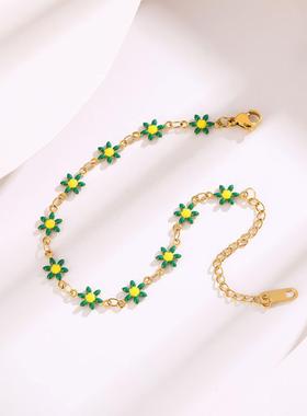 简约滴油雏菊绿色花朵钛钢手链女