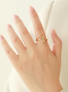 欧美双波浪心电图钛钢戒指女