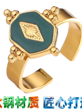 ring法式宫廷风祖母绿开口钛钢戒