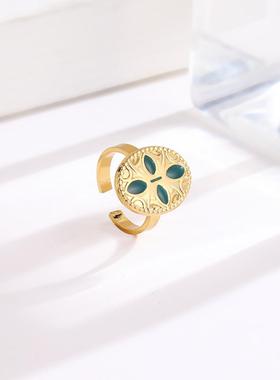 欧美椭圆祖母绿开口钛钢戒指女