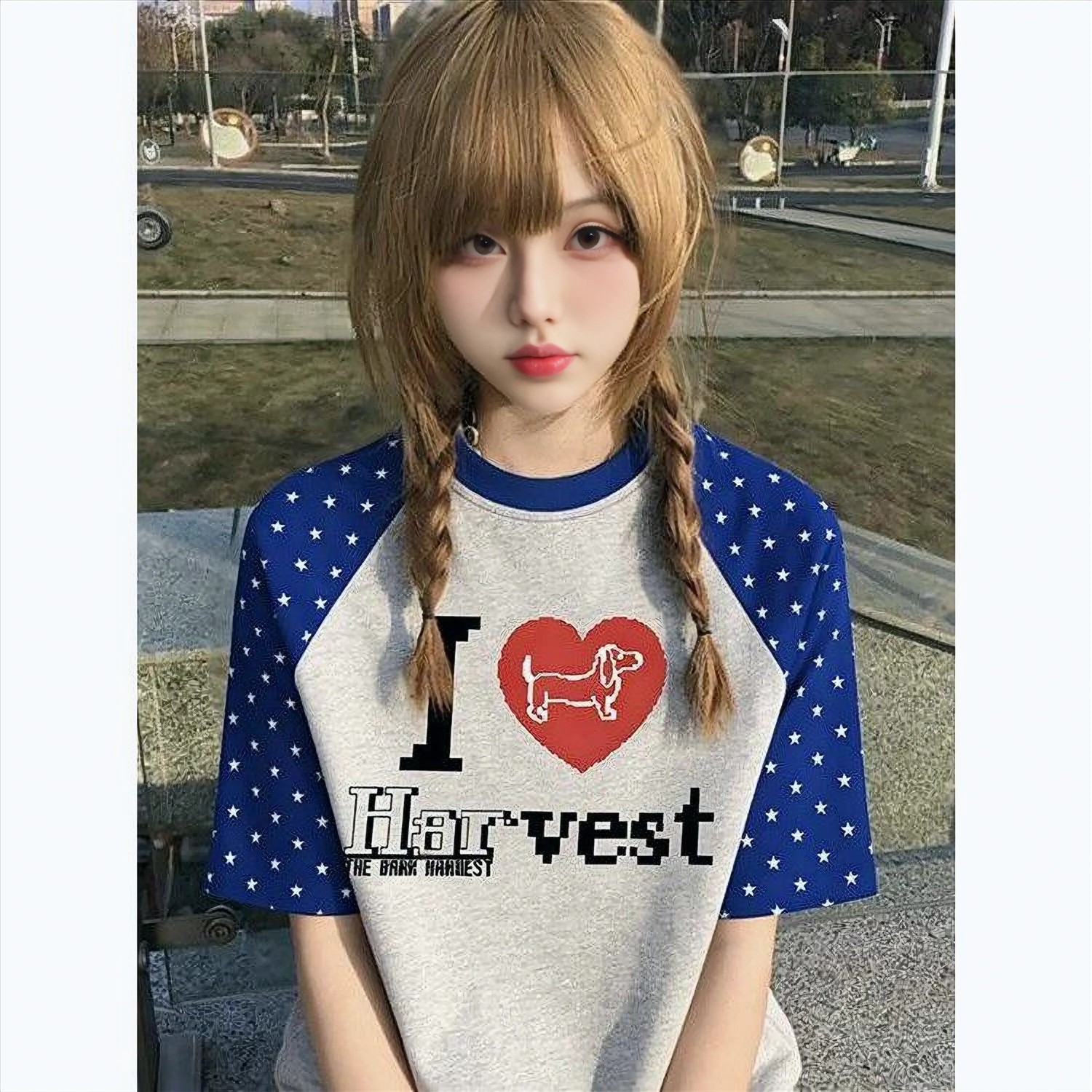 美式复古狗狗撞色插肩短袖t恤女2026新款夏季设计感小众宽松上衣