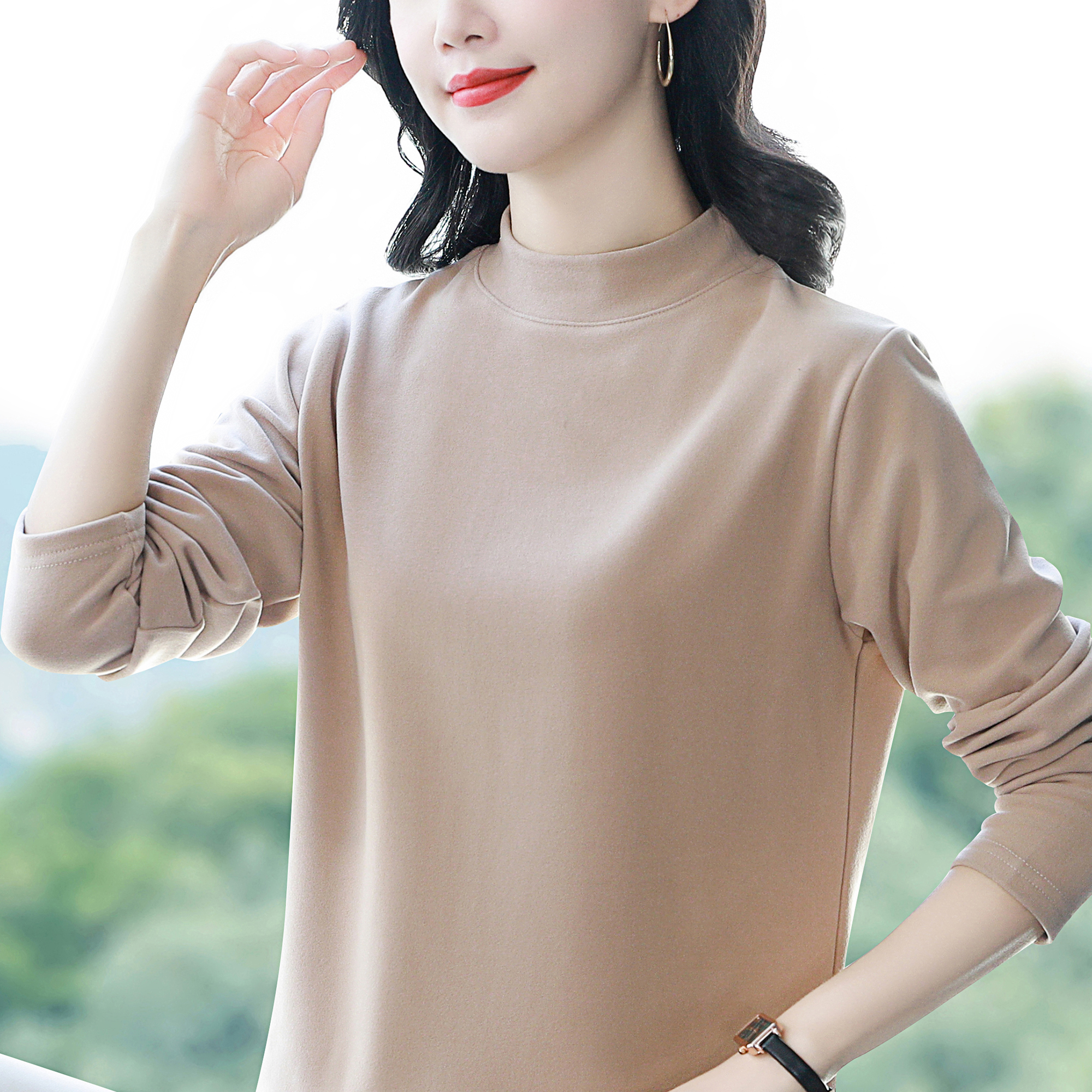 秋冬季双面德绒打底衫女半高领内搭保暖上衣长袖t恤妈妈外穿秋衣