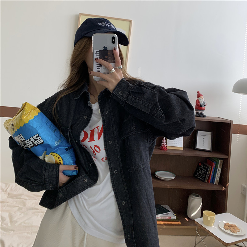 Real price Korean versatile black gray wash denim shirt coat