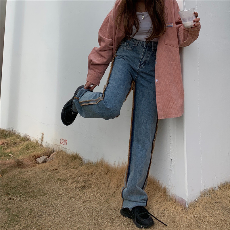 Real shot real price Korean jeans women's straight tube loose high waist show thin wide leg pants retro daddy pants fashion