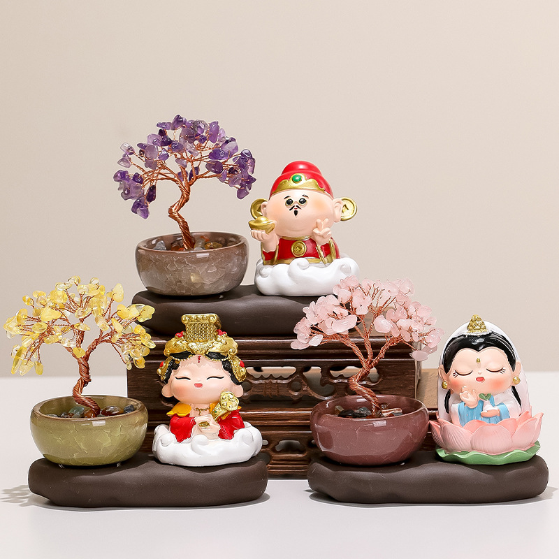 欢喜小神仙天然黄水晶发财树玄关电视柜摆件各路财神桌面创意装饰