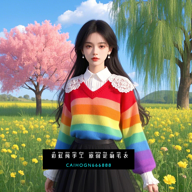 【原创纯手工毛衣】量身定制彩虹女款2025秋冬针织中长袖土族上衣