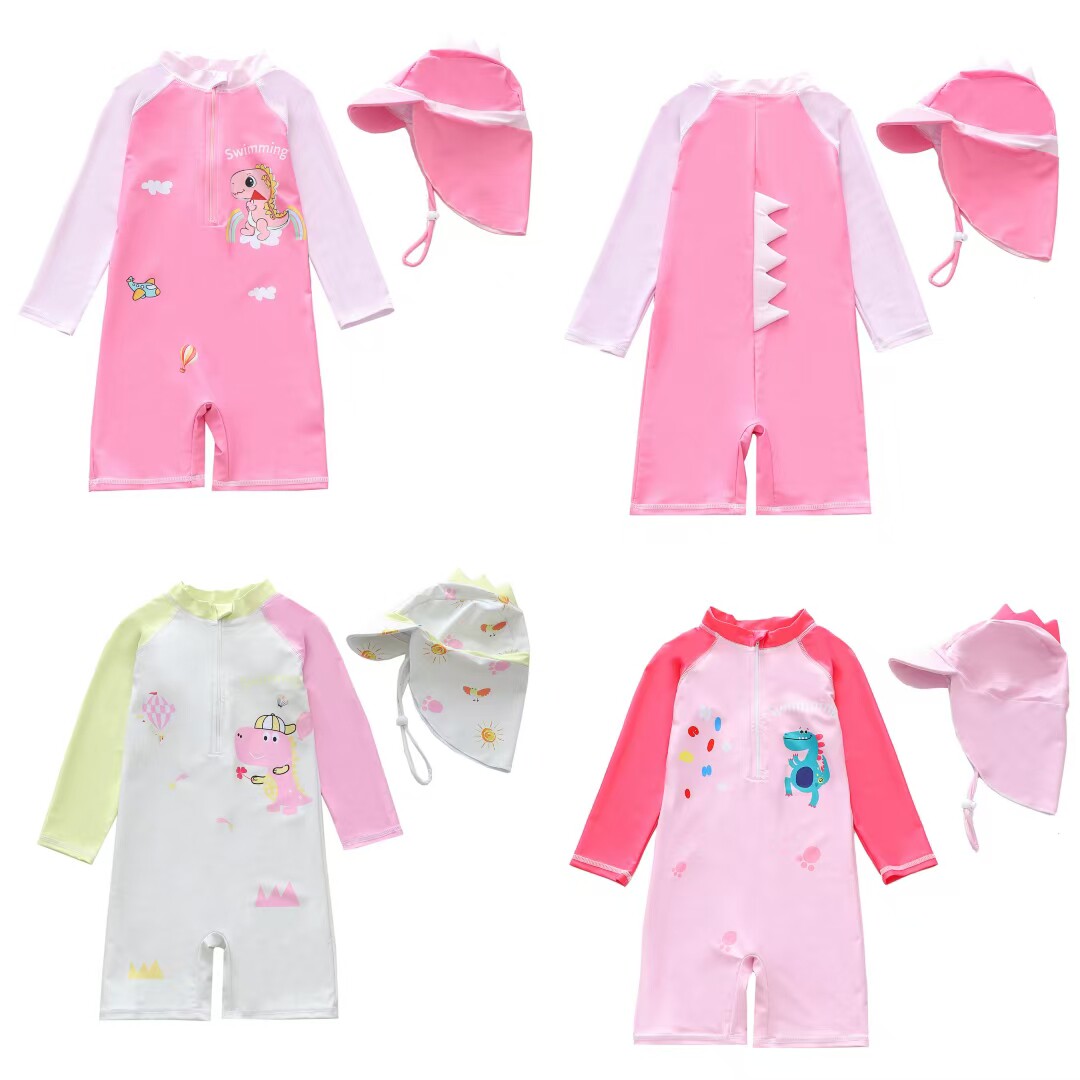 儿童泳衣女童连体宝宝游泳衣加防晒帽小恐龙角角中小童萌婴儿泳装