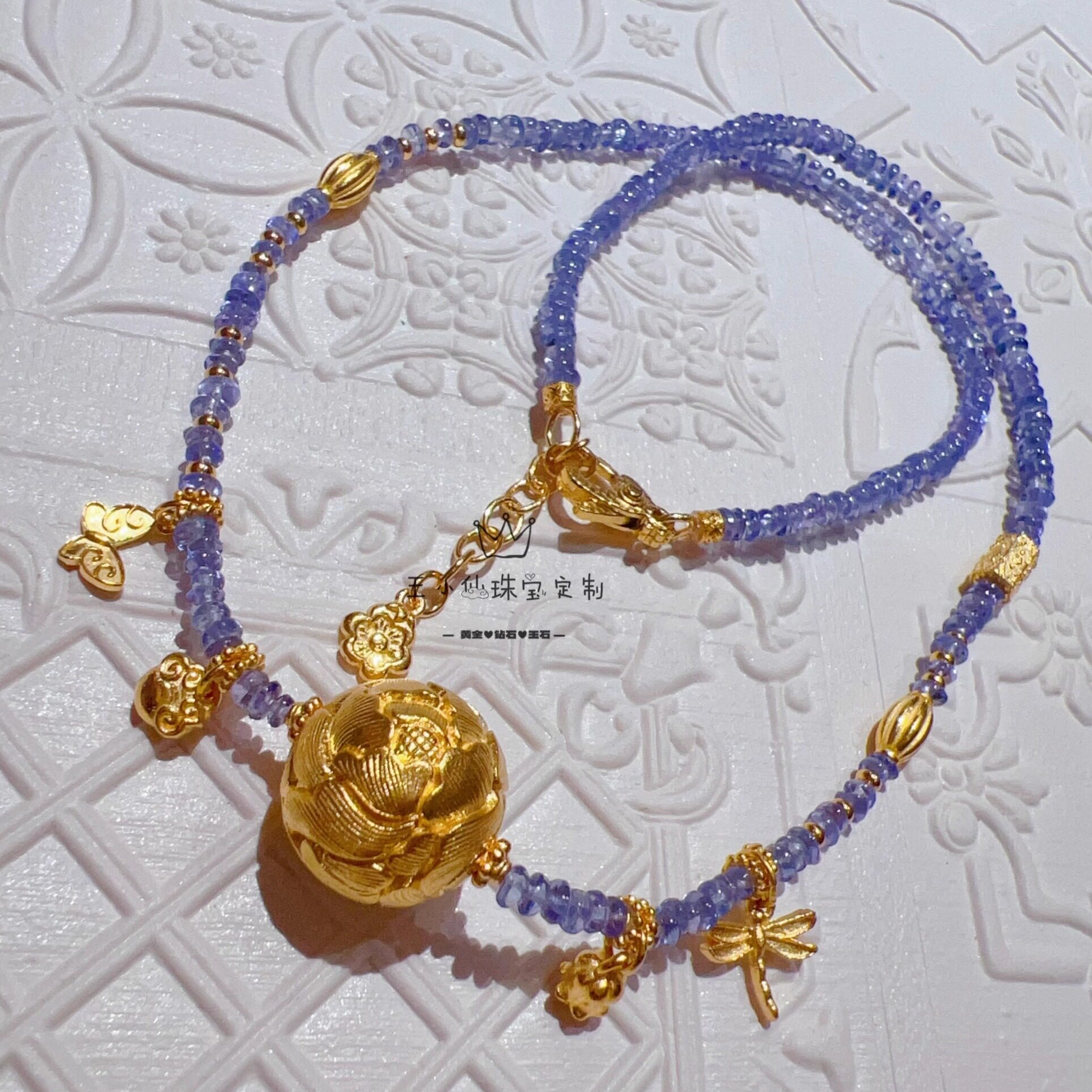 足金999錾刻金14mm牡丹花珠薰衣草紫宝石黄金项链女