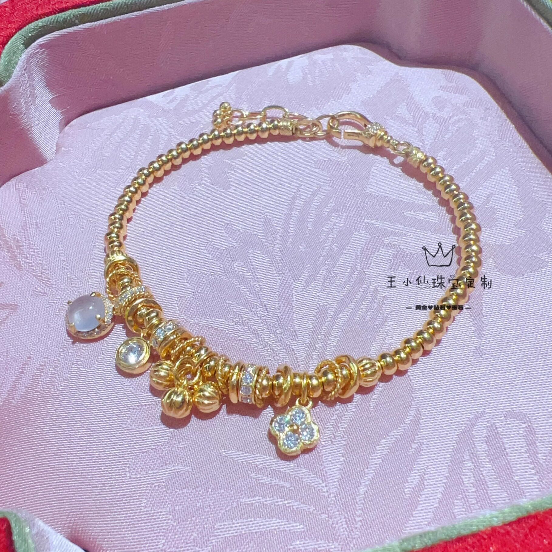 足金999精品工艺3mm算盘珠天然白冰翡翠A缅甸蛋面莫桑石黄金手链