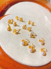 王小仙珠宝 999足金 精品工艺可爱 Kitty蝴蝶结 天然淡水珍珠耳钉