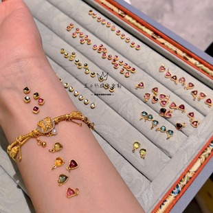 足金999手工古法金小爱心小方糖天然糖果色碧玺串珠提溜吊坠