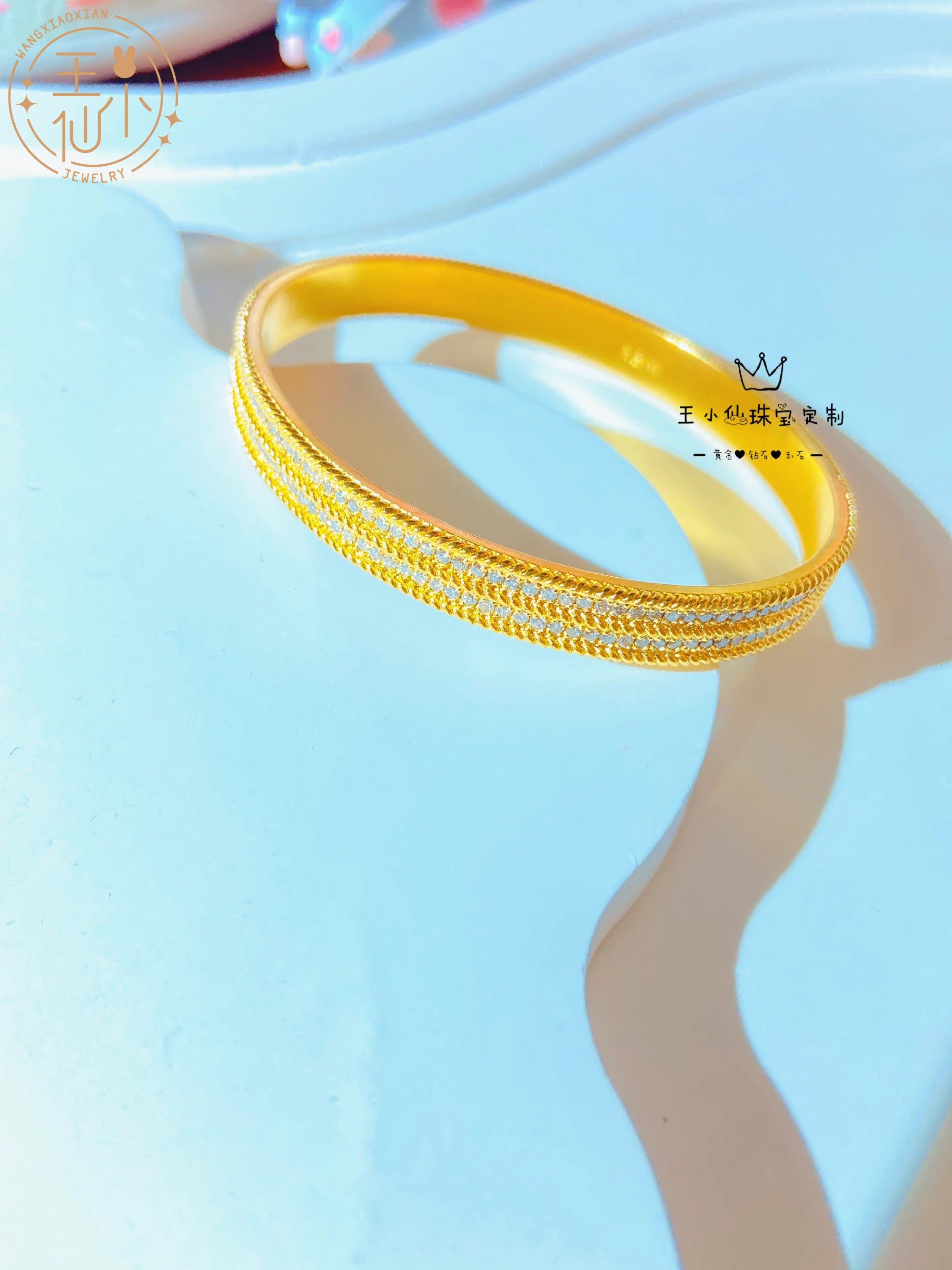 999足金 传承古法金 天然钻石镶嵌 手工点钻满天星整圈封口手镯