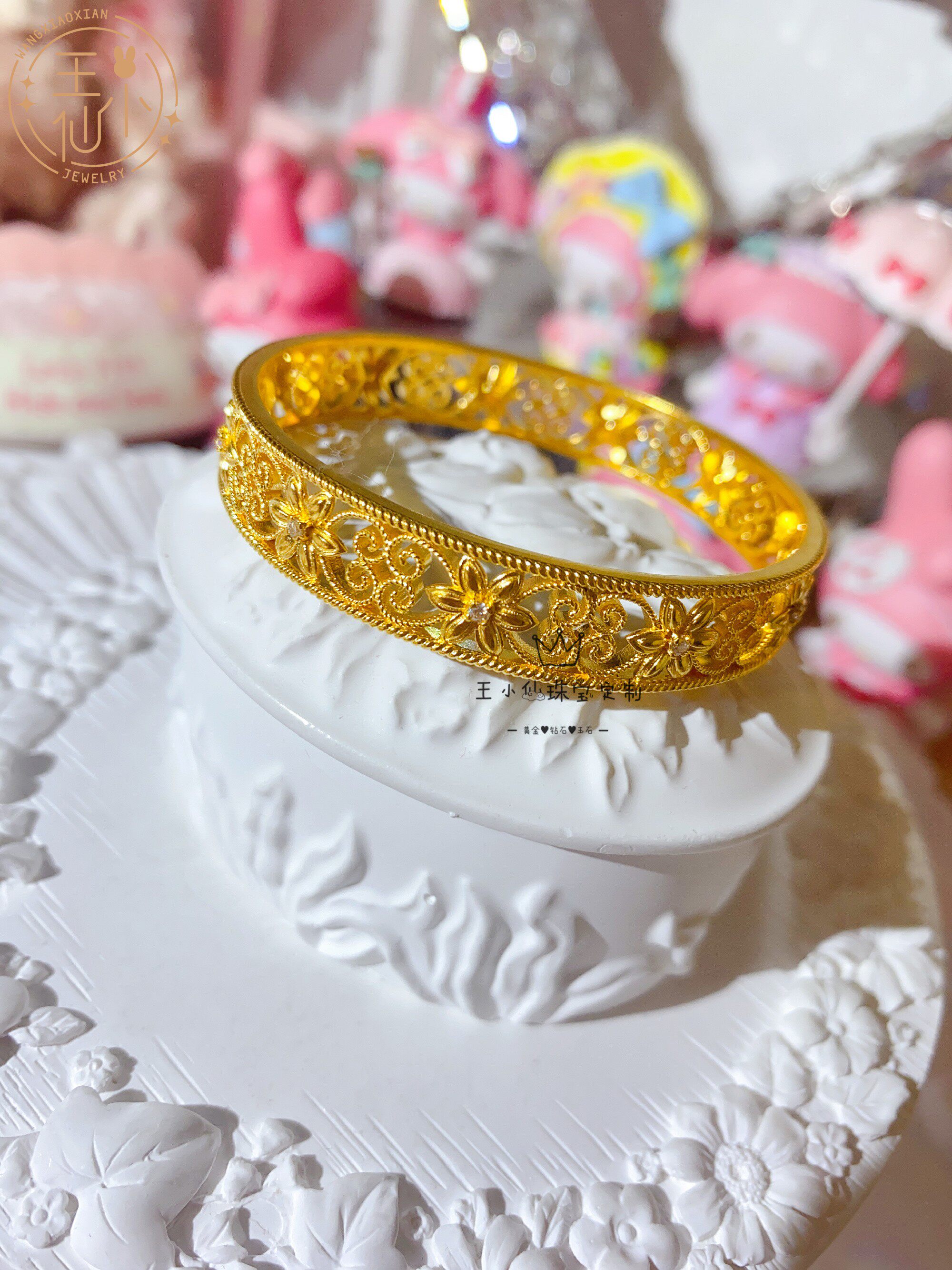 古法金王小仙百合花黄金手镯莫桑